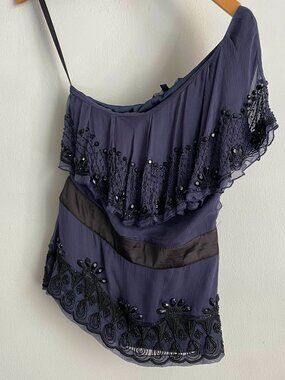 French Connection One Shoulder Beaded Navy Party Top Size 8 Elegant Evening Blou